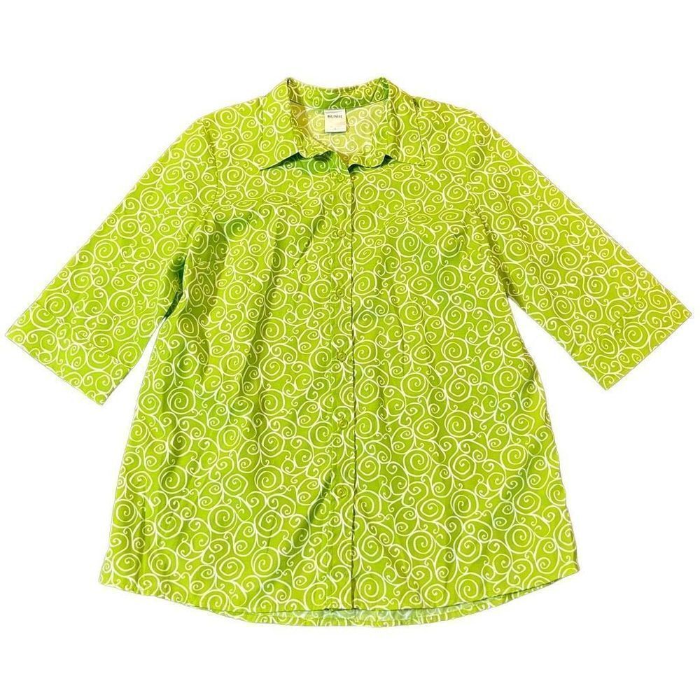 Blair Women’s Green Swirl Button Down Three Quarter Sleeve Blouse